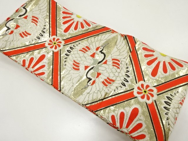JAPANESE KIMONO / ANTIQUE CHILDRENS OBI / WOVEN- CRANE PATTERN FACING 